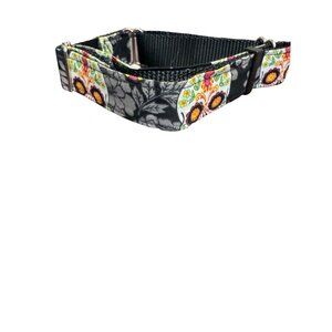 Handmade Adjustable Dog Collar With Floral Sugar Skull Print - Fits 15" Max Neck